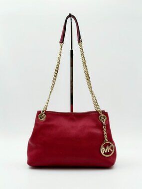 Michael Kors Red Leather Chain Shoulder Bag Gold Tone MK Charm Tote